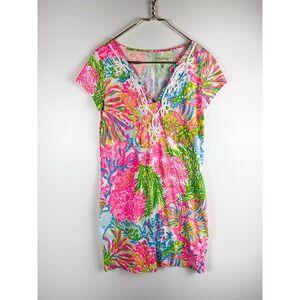 Lilly Pulitzer Brewster Dress Sz M Lovers Coral tropical Preppy Resortwear Beach